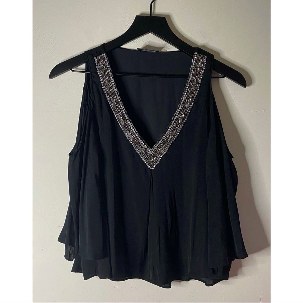 Astr The Label Black Cold Shoulder Beaded Top Size XS